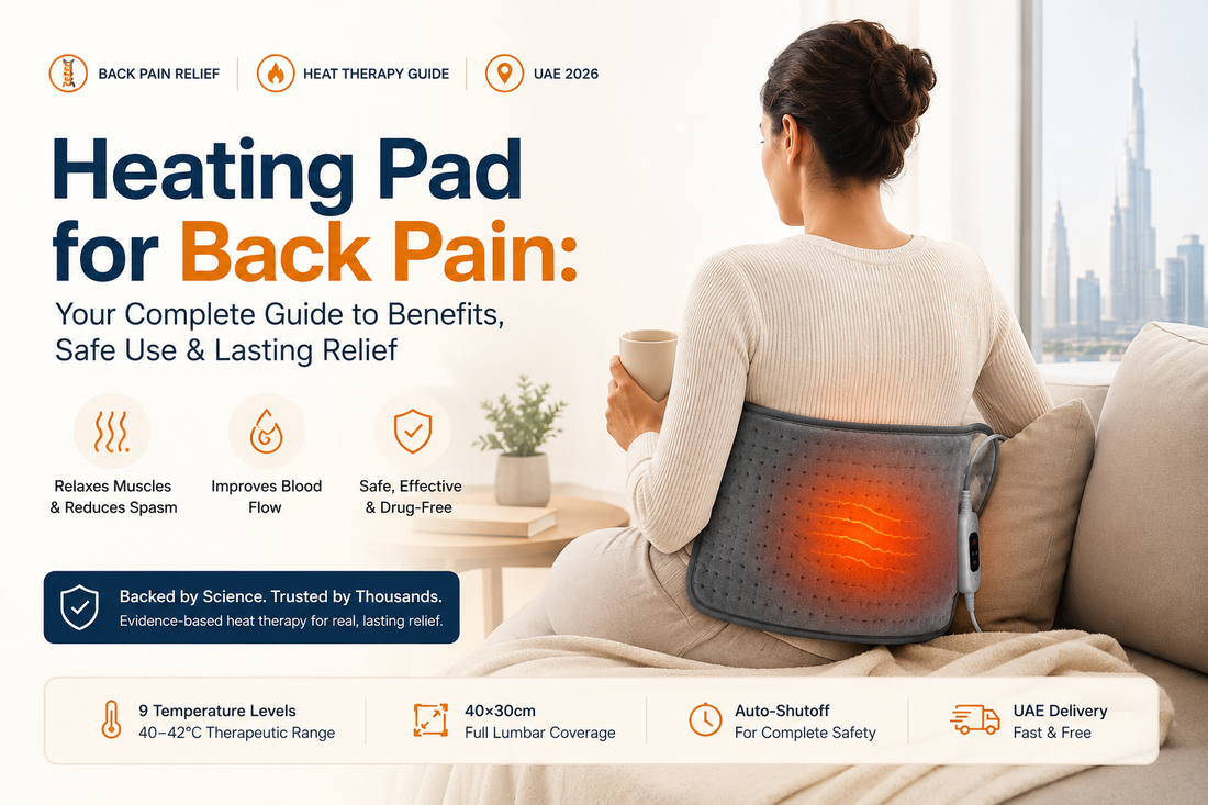 Modern woman using an electric heating pad for lower back pain relief in a cozy Dubai apartment, showcasing heat therapy benefits for muscle relaxation, blood circulation, and chronic back pain management in UAE 2026.