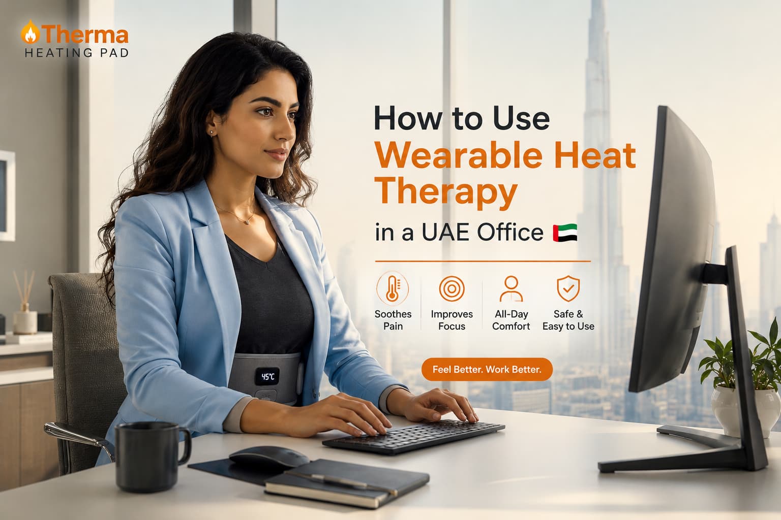 Arab woman working and enjoying Wearable Heat Therapy at a modern Dubai office desk while wearing a Therma Heating Pad around her waist.