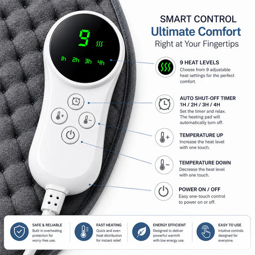 Smart digital controller for electrical heating pad featuring 9 heat levels, auto shut-off timer, and built-in overheating protection.