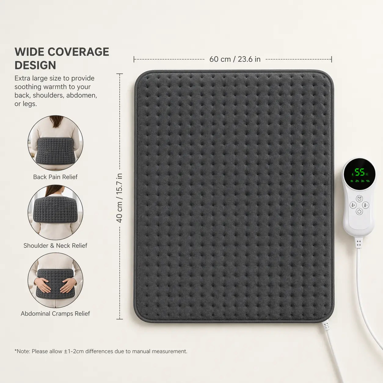 Large 60cm x 40cm electrical heating pad dimensions for wide coverage pain therapy.