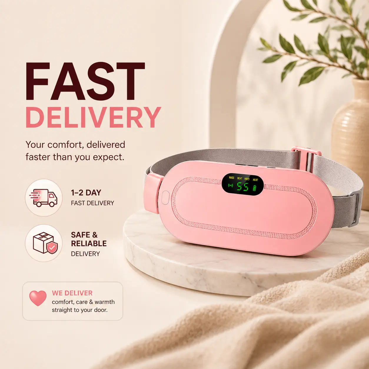 Cordless menstrual heating pad with fast delivery, portable heat therapy device for cramps relief, abdominal pain, and muscle relaxation